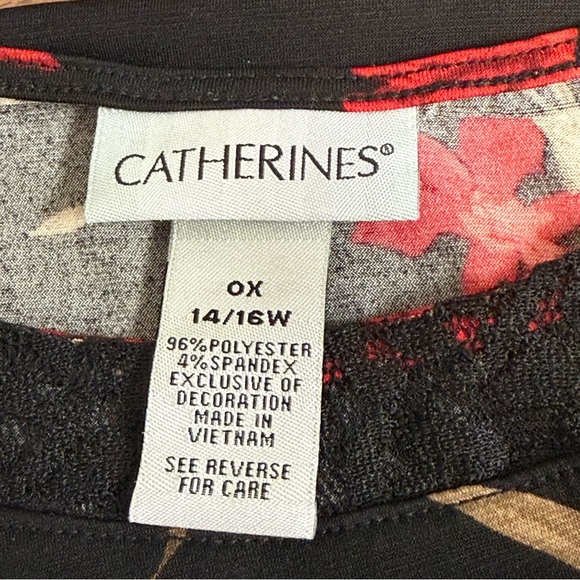 Catherines Floral Lace Trim Blouse OX 14/16W Black Red Beige Stretchy Top - Picture 6 of 8